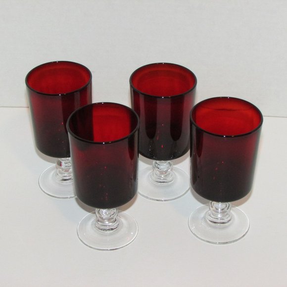 Vintage Ruby Red Glass Goblets 4 Wine Glasses Clear Ball Stem France 4 ounces - Picture 4 of 5
